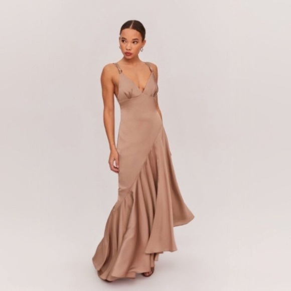 NWOT FAME AND PARTNERS Zephyra Matte Satin Asymmetrical Maxi Dress in Dark Tan - Picture 6 of 14